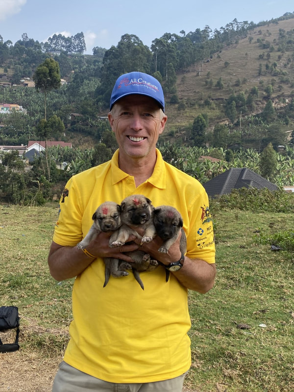 Dr. Joe smiling standing outside holding 3 small puppies