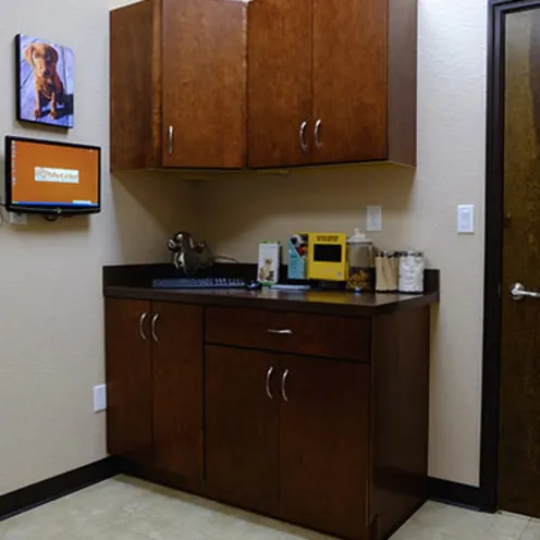 Examination room at Metzler Veterinary Hospital with wooden cabinets Examination room at Metzler Veterinary Hospital with wooden cabinets