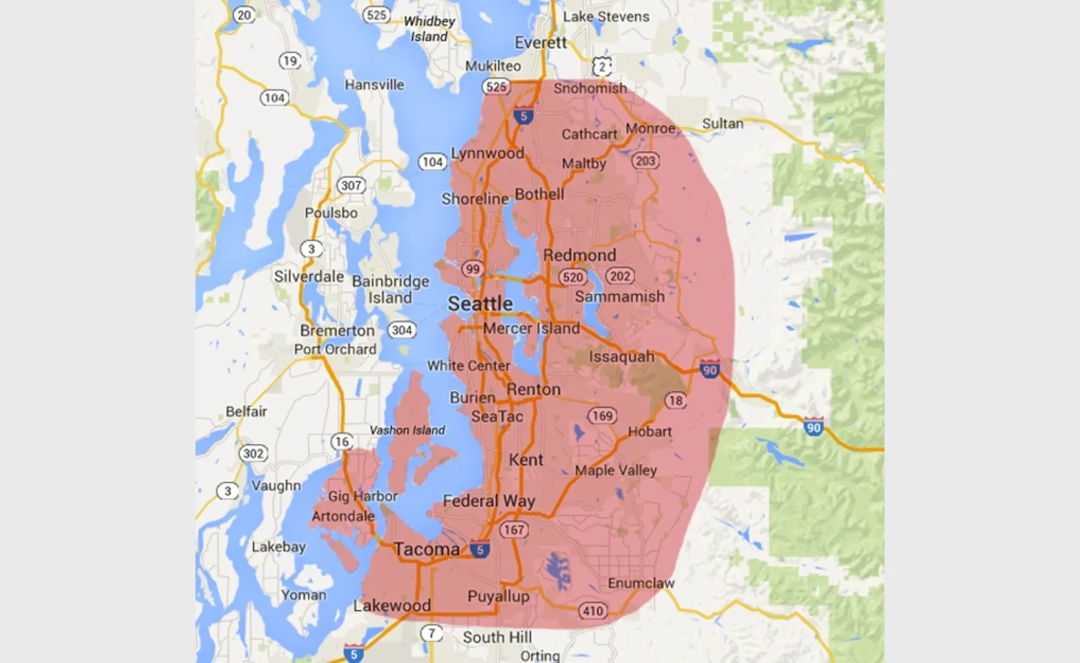 A Map of the Service Area of Northwest Equine Veterinary Associates in Western Washington