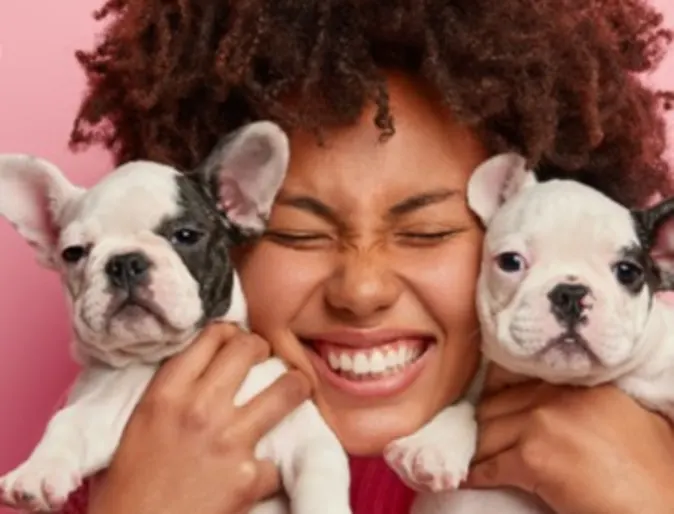 Pink card with a lady and her two dogs on it Pink card with a lady and her two dogs on it