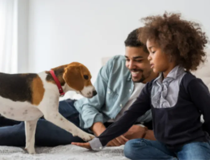 Father & Son Playing with Dog