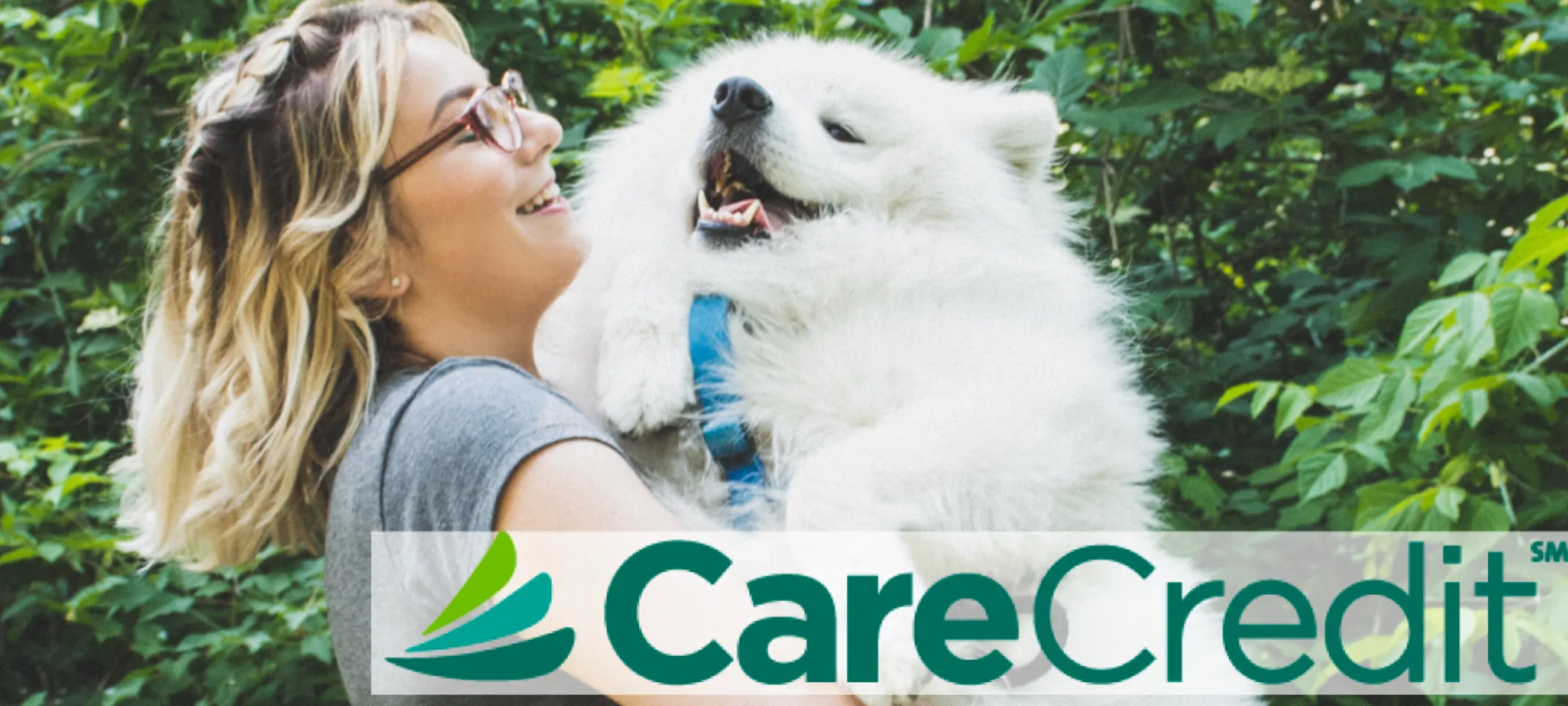 CareCredit logo with women and white fluffy dog
