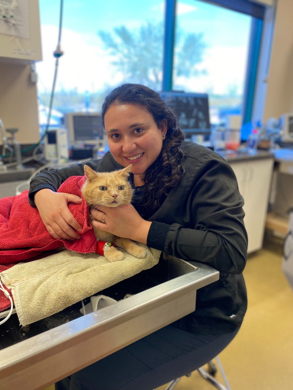 Woman smiling while holding an orange cat wrapped in a red towel.