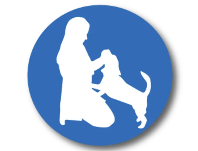 Blue icon of dog with woman