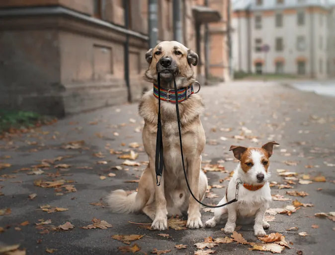 two dogs sitting on sidewalk with leash two dogs sitting on sidewalk with leash