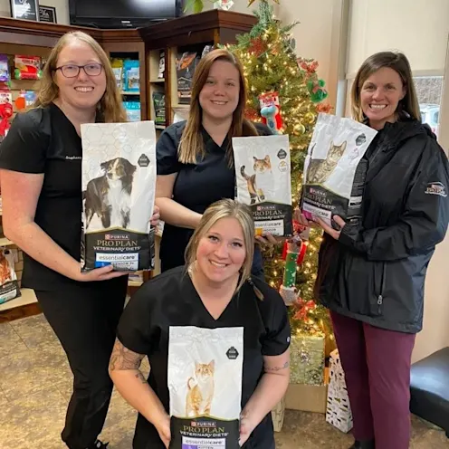 Veterinarians holding bags of dog and cat food Veterinarians holding bags of dog and cat food