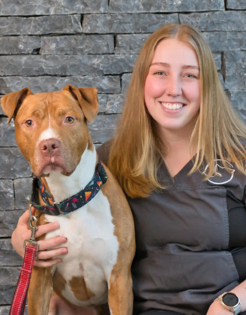 A portrait photo of Jacqui with an Pit Bull Terrier