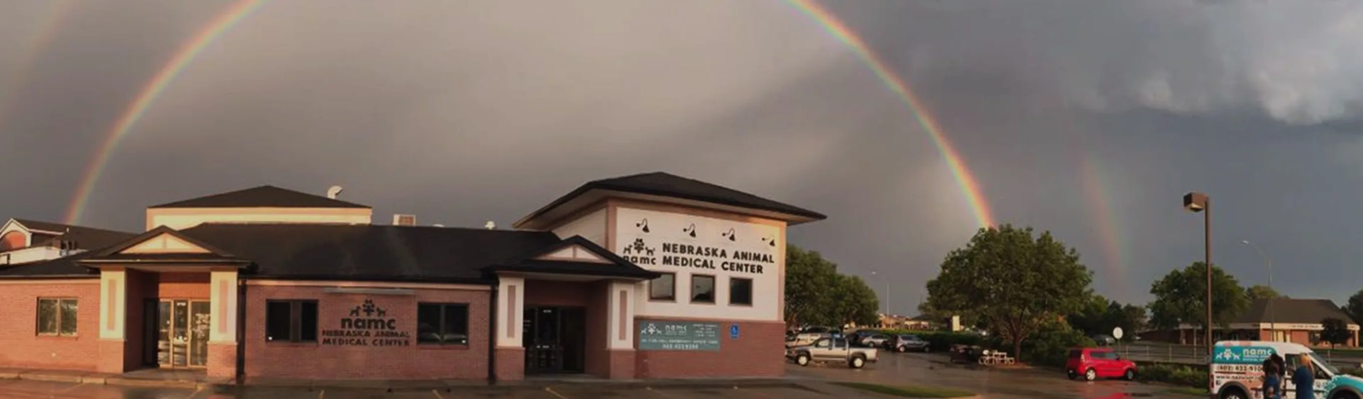Nebraska Animal Medical Center with a double rainbow over. Nebraska Animal Medical Center with a double rainbow over.
