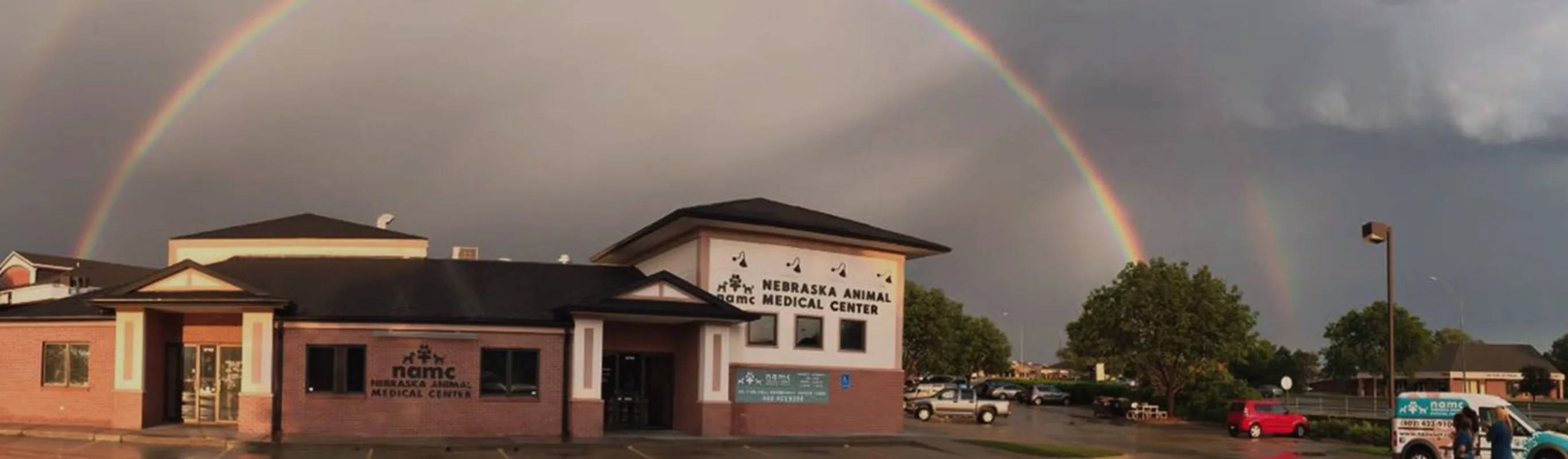 Nebraska Animal Medical Center with a double rainbow over.