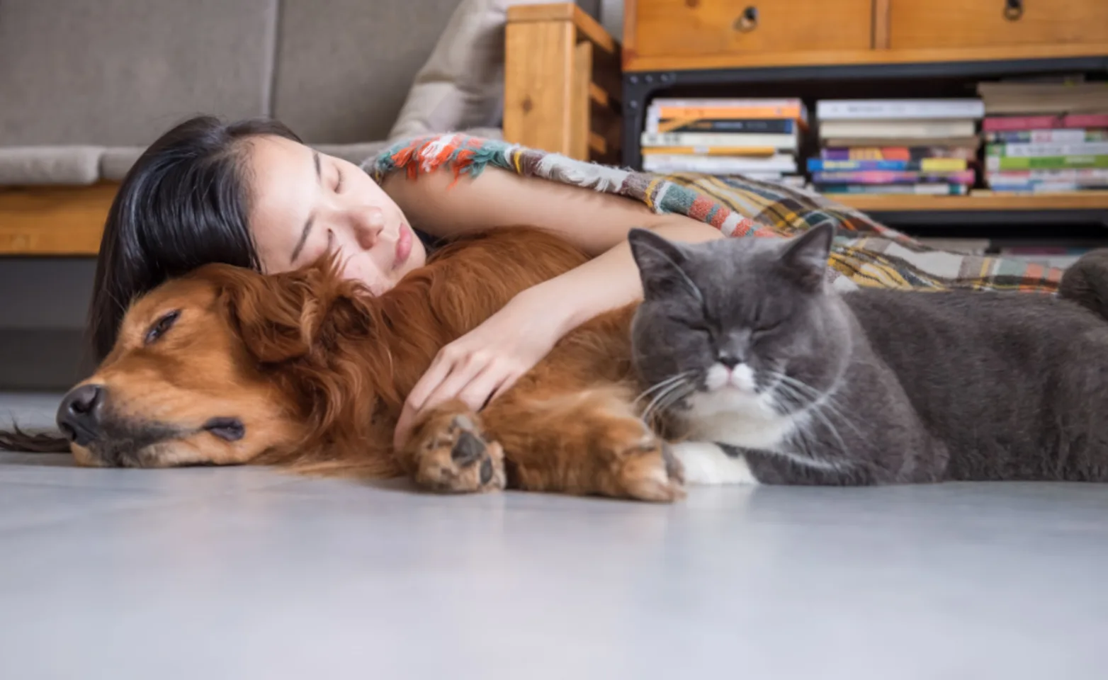 Lady laying on the floor cuddling an orange dog and gray and white cat