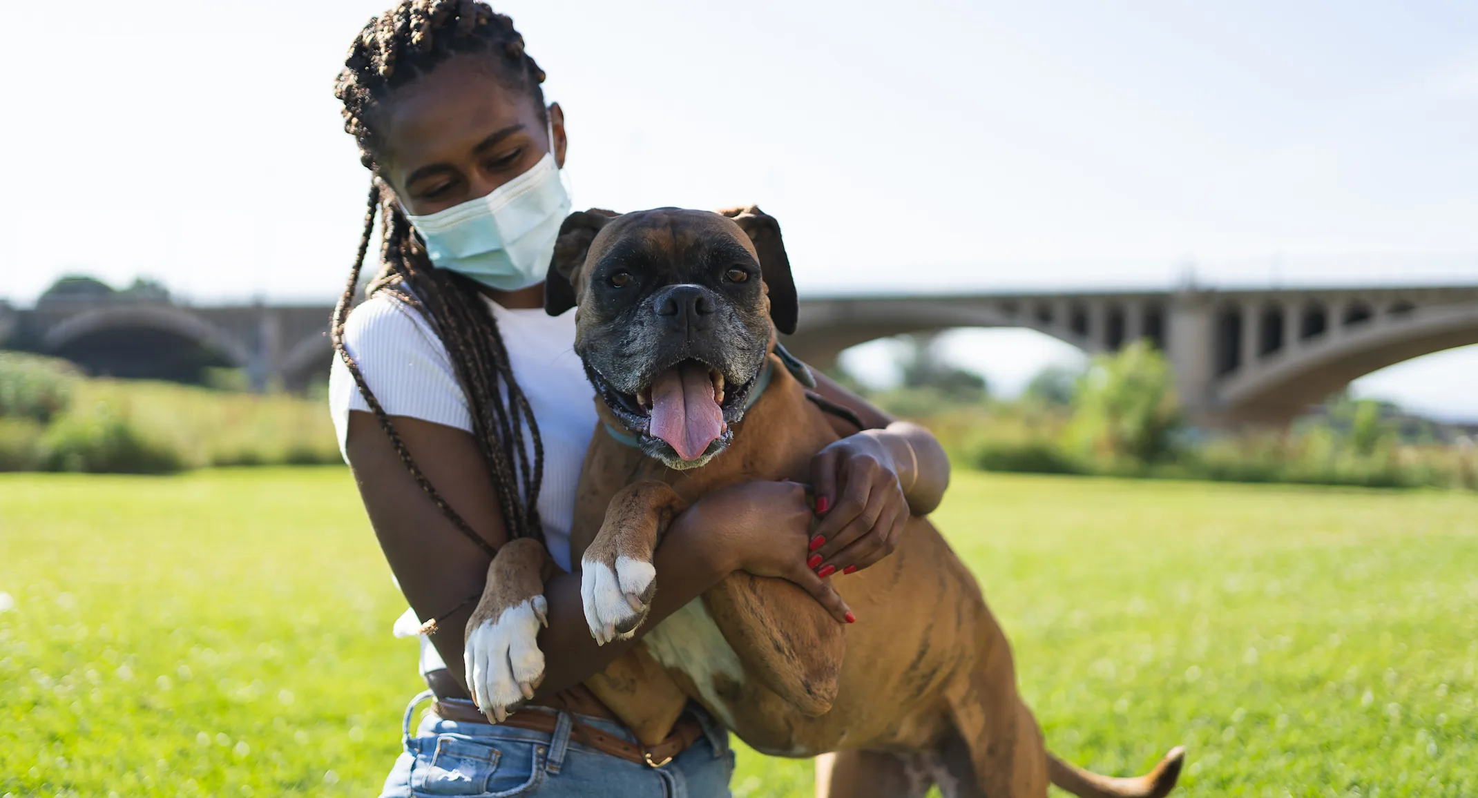 Girl wearing a mask and holding a dog Girl wearing a mask and holding a dog