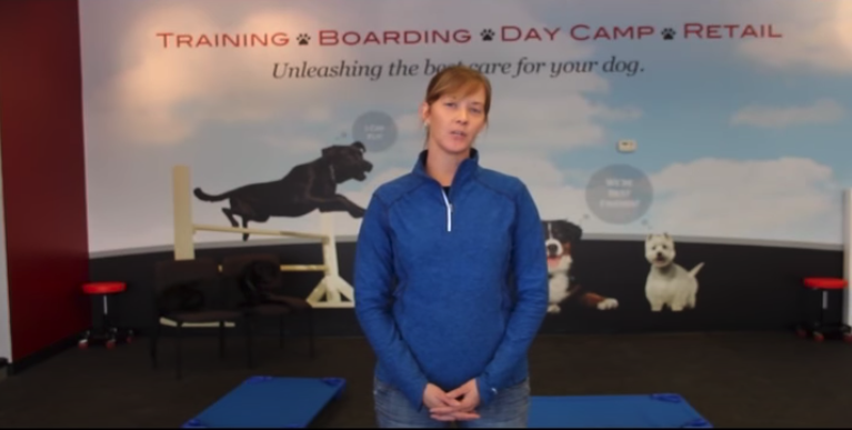 Blonde woman in blue shirt in a dog training facility.
