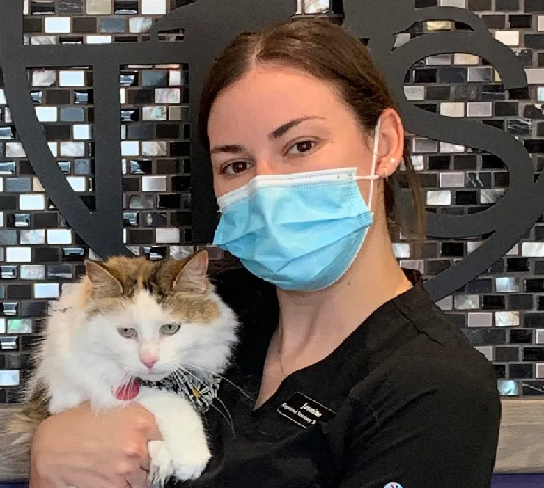 Jasmine holding a white and brown cat