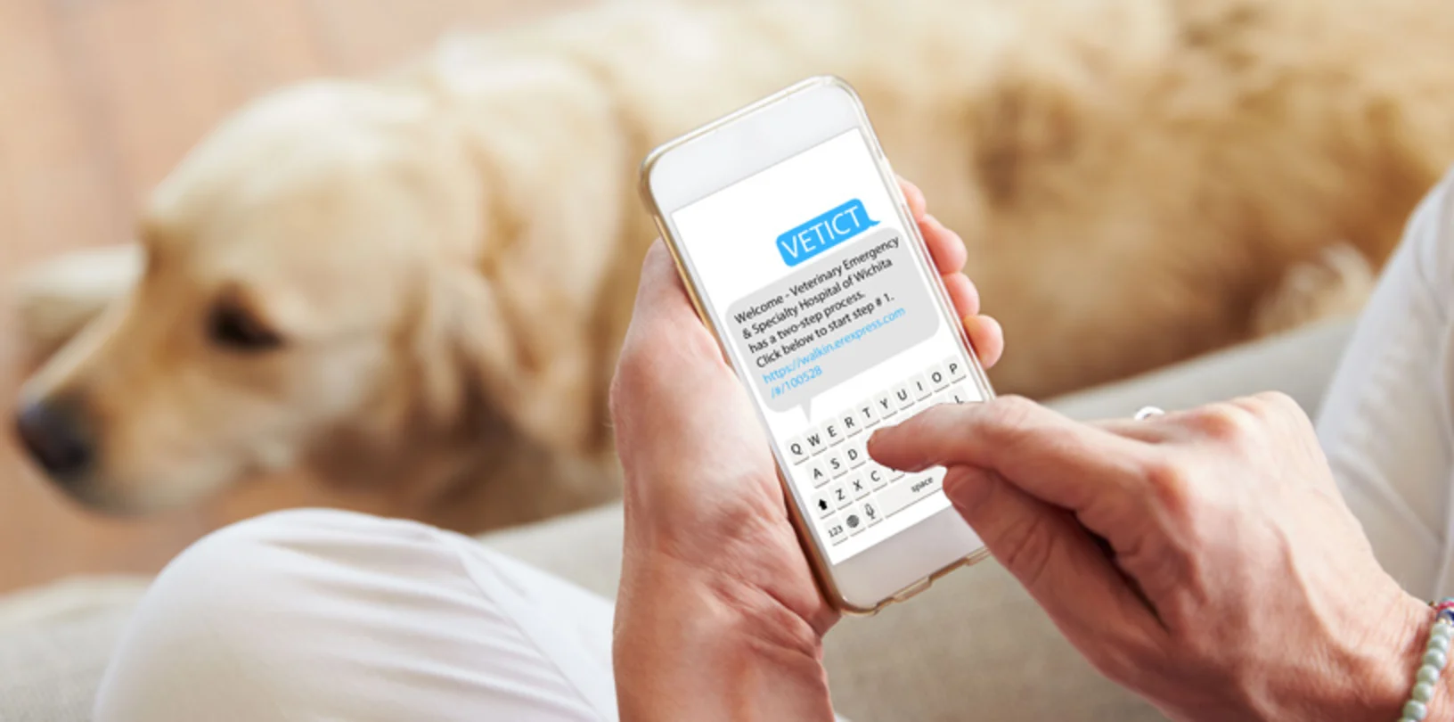 Pet parent checking in for an emergency visit to VESH Wichita from her mobile device at home. Pet parent checking in for an emergency visit to VESH Wichita from her mobile device at home.