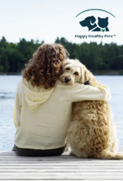 A woman with her arm around a dog sitting on a dock facing the lake. A woman with her arm around a dog sitting on a dock facing the lake.