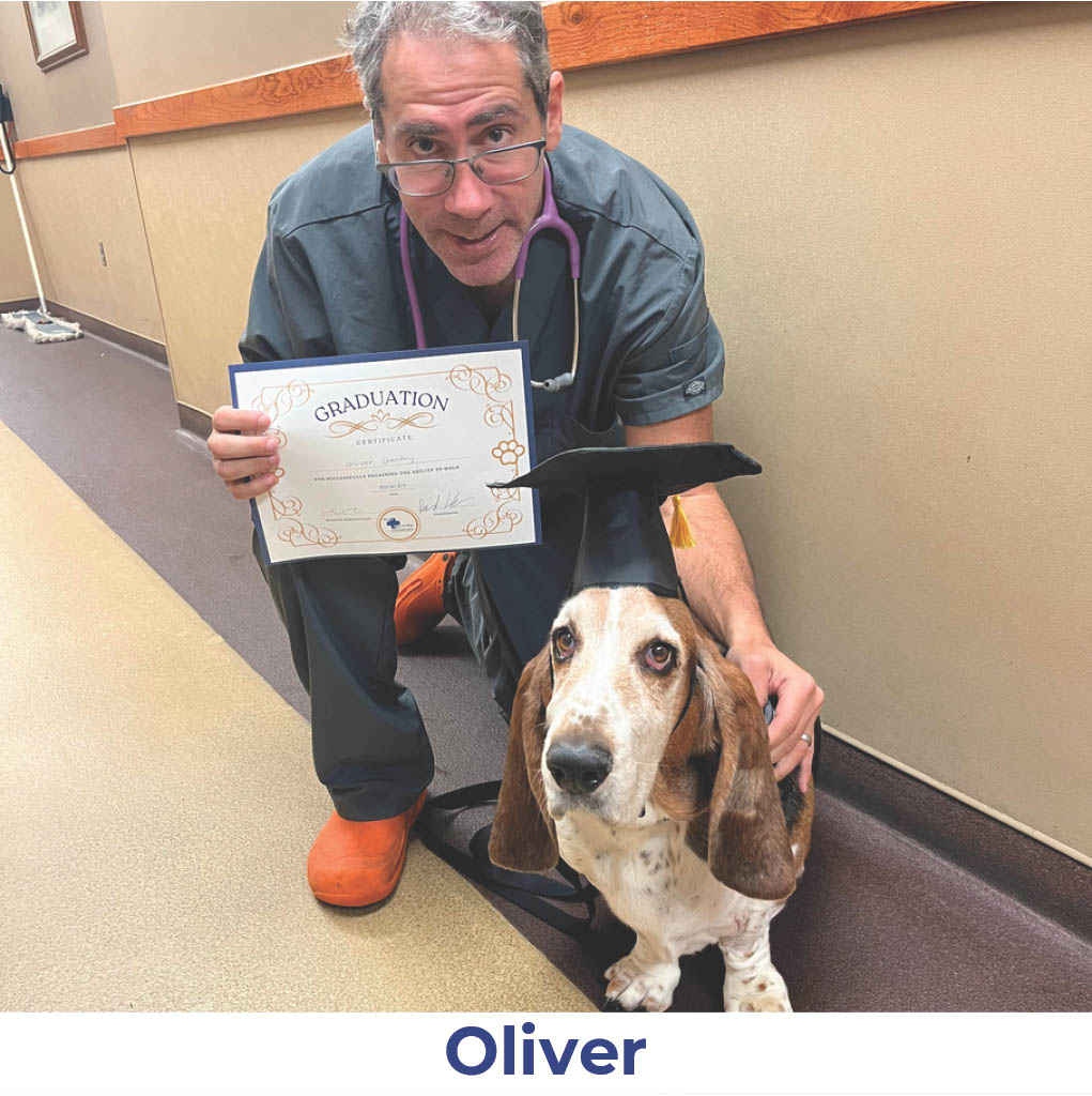 Oliver the dog with Neurology Graduate Hall of Fame certificate