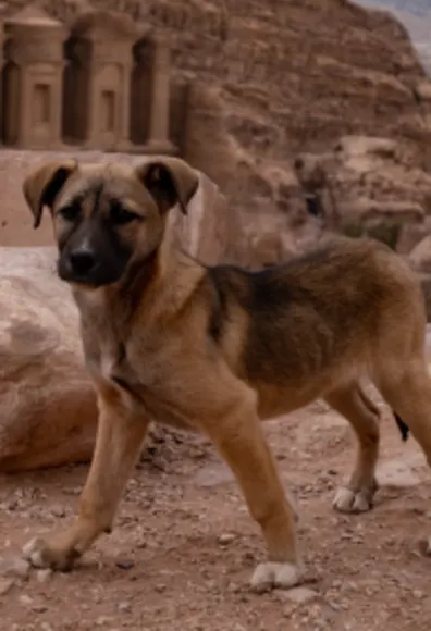 Dog sitting in rocks