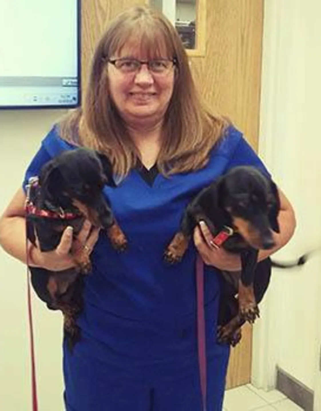 Becky - Veterinary Assistant holding 2 black daschunds at Animal Care Clinic West & Metro Cat Hospital Becky - Veterinary Assistant holding 2 black daschunds at Animal Care Clinic West & Metro Cat Hospital
