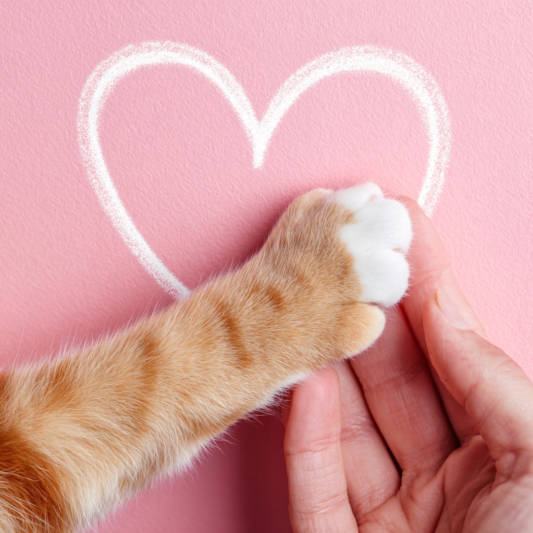 Pink background with a white heart and a human hand holding the paw of an orange cat