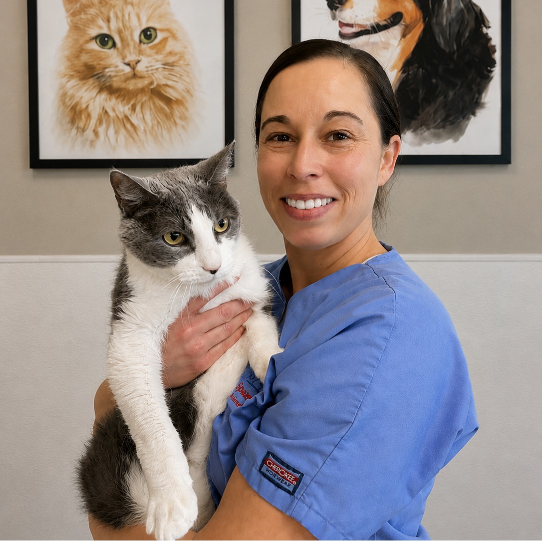  Lindy's staff photo from Spanish Trail Animal Hospital where she is posing with a grey cat