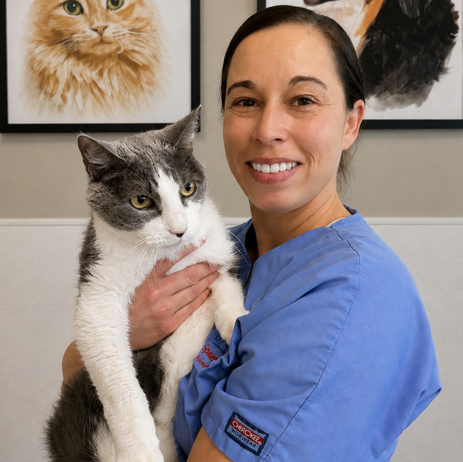  Lindy's staff photo from Spanish Trail Animal Hospital where she is posing with a grey cat
