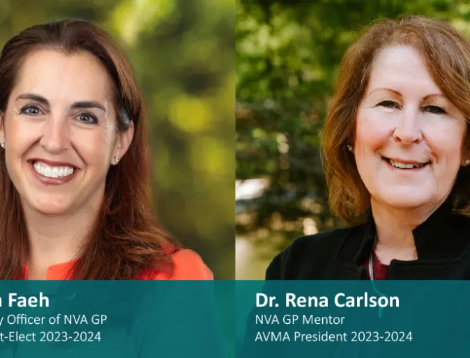 Dr. Sandra Faeh and Dr. Rena Carlson with NVA logo with green background
