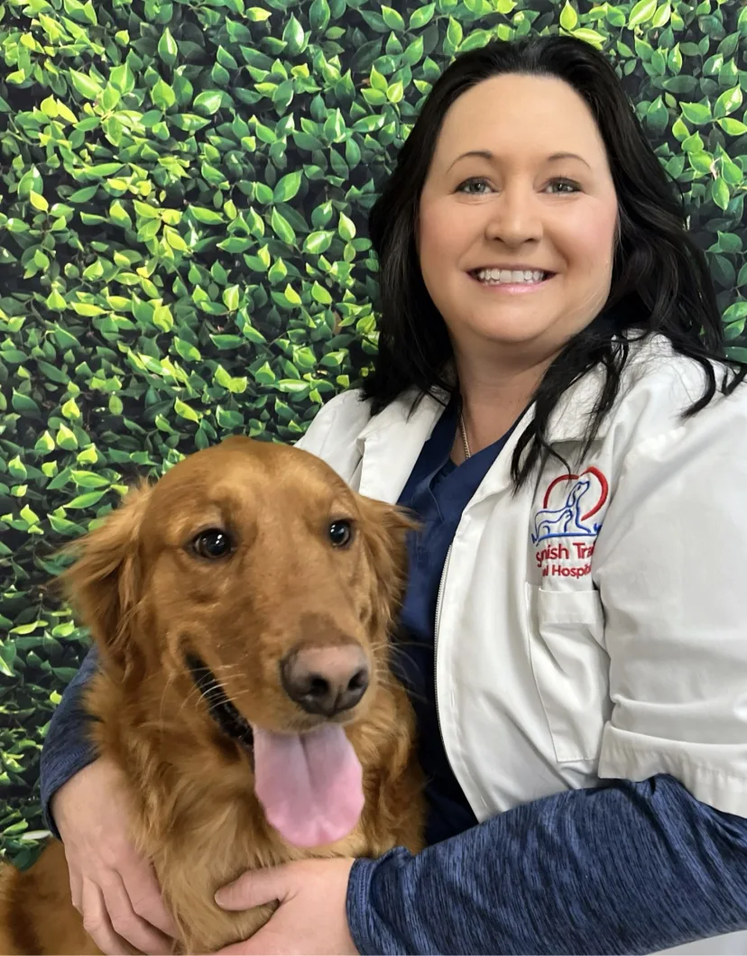 Dr. Agnes Clay-Anderson's Staff photo from Spanish Trail Animal Hospital where she is sitting outside hugging a big black dog