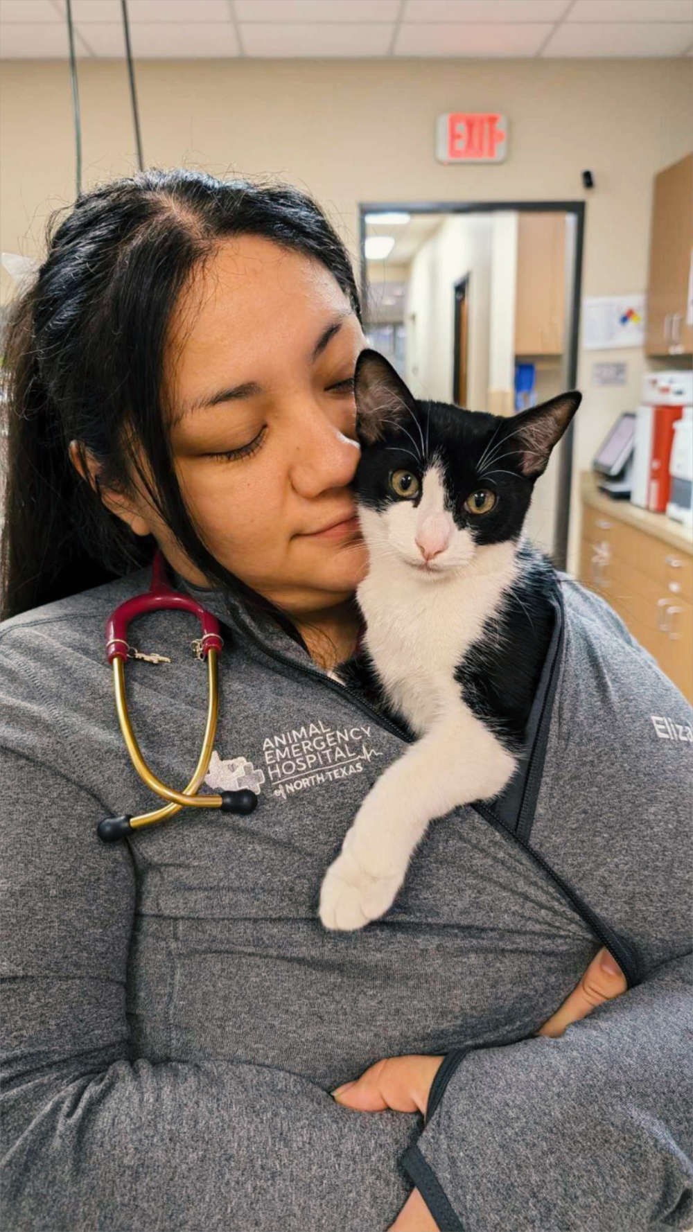Black and white cat sitting on staff's shoulder.