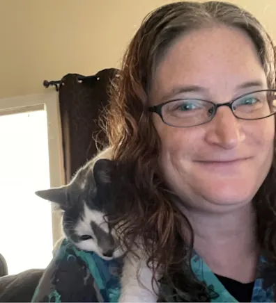 Julie with cat in her arms Julie with cat in her arms