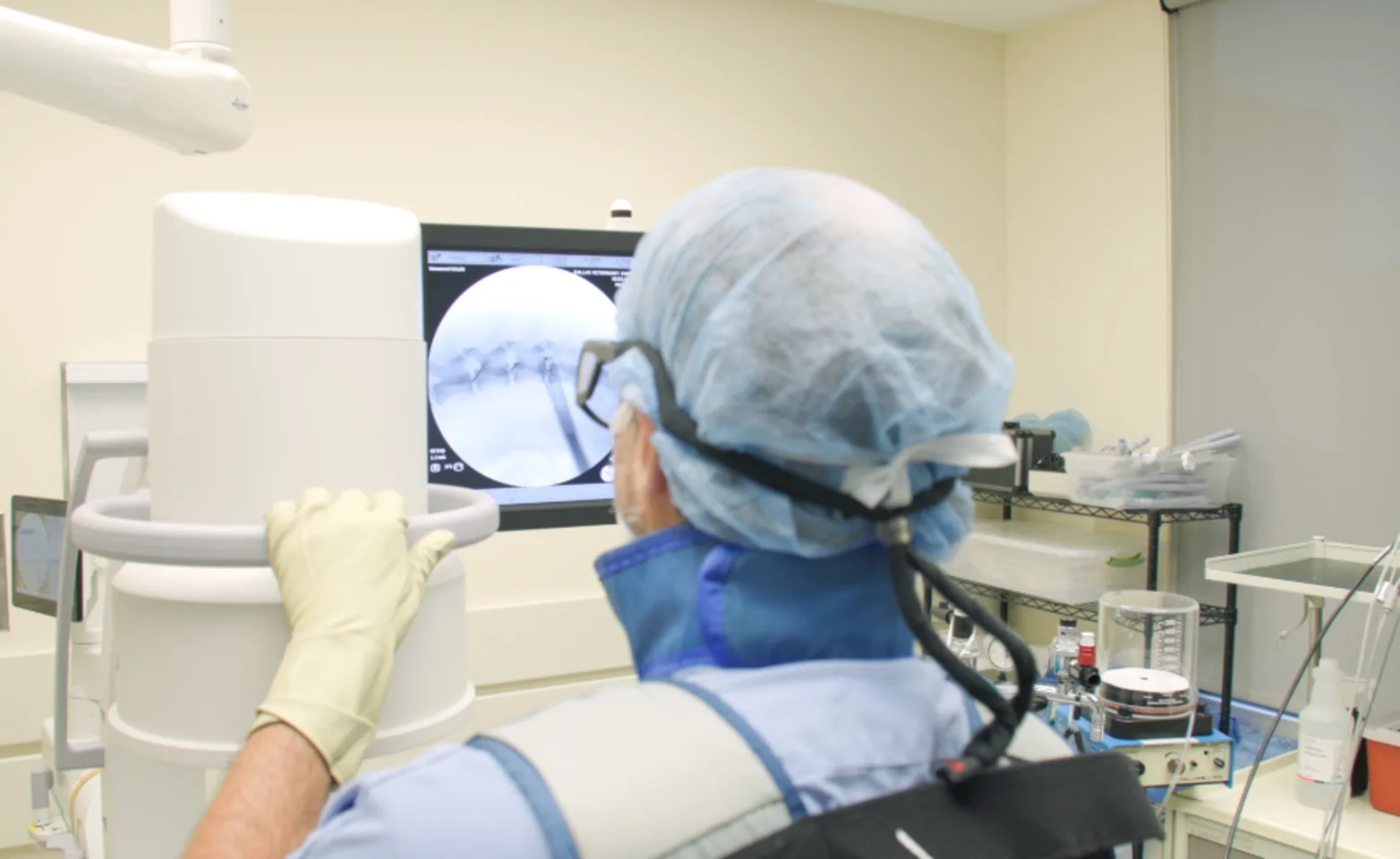 Staff member dressed in personal protective equipment reviewing images Staff member dressed in personal protective equipment reviewing images