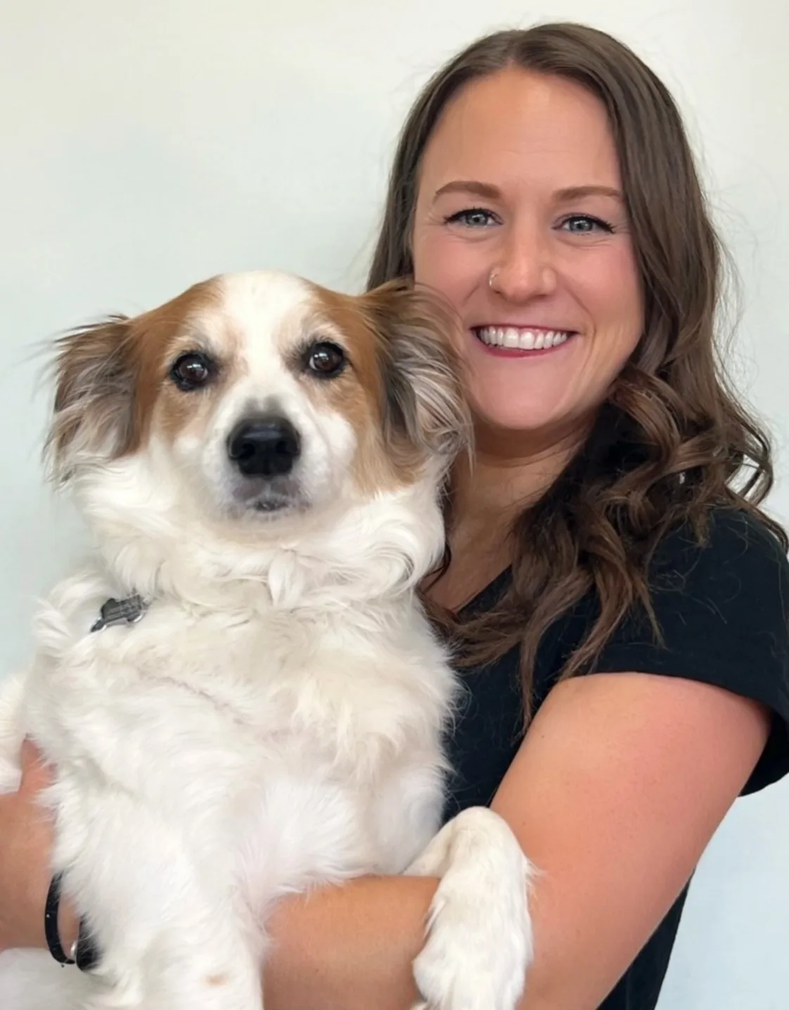 Mackenzie at Clocktower Animal Hospital with white and tan dog Mackenzie at Clocktower Animal Hospital with white and tan dog