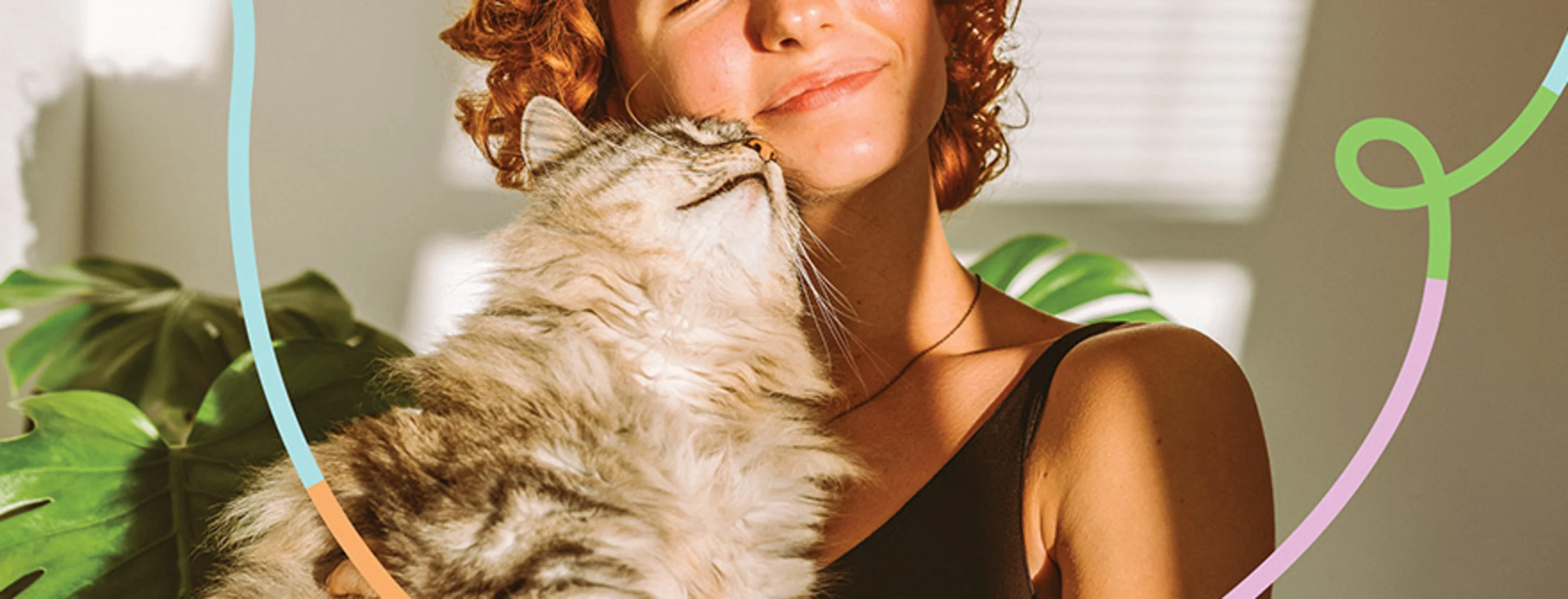 A woman smiling and holding her cat to her face in the sunlight of her window. A woman smiling and holding her cat to her face in the sunlight of her window.