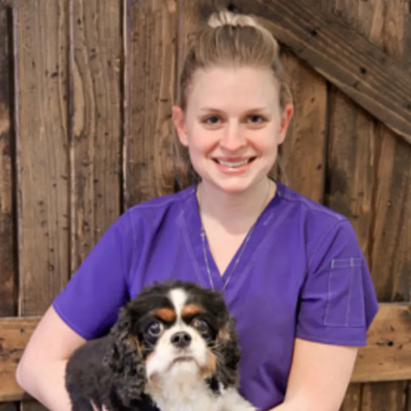 A veterinarian posing with a black and white dog A veterinarian posing with a black and white dog