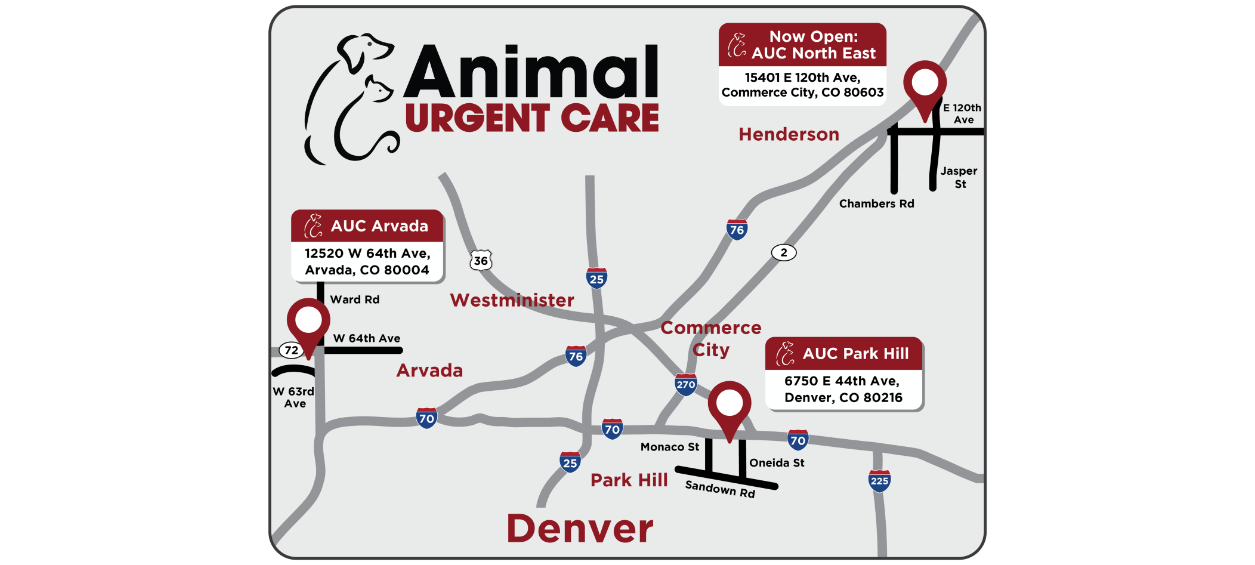 Map showing Animal Urgent Care (AUC) locations