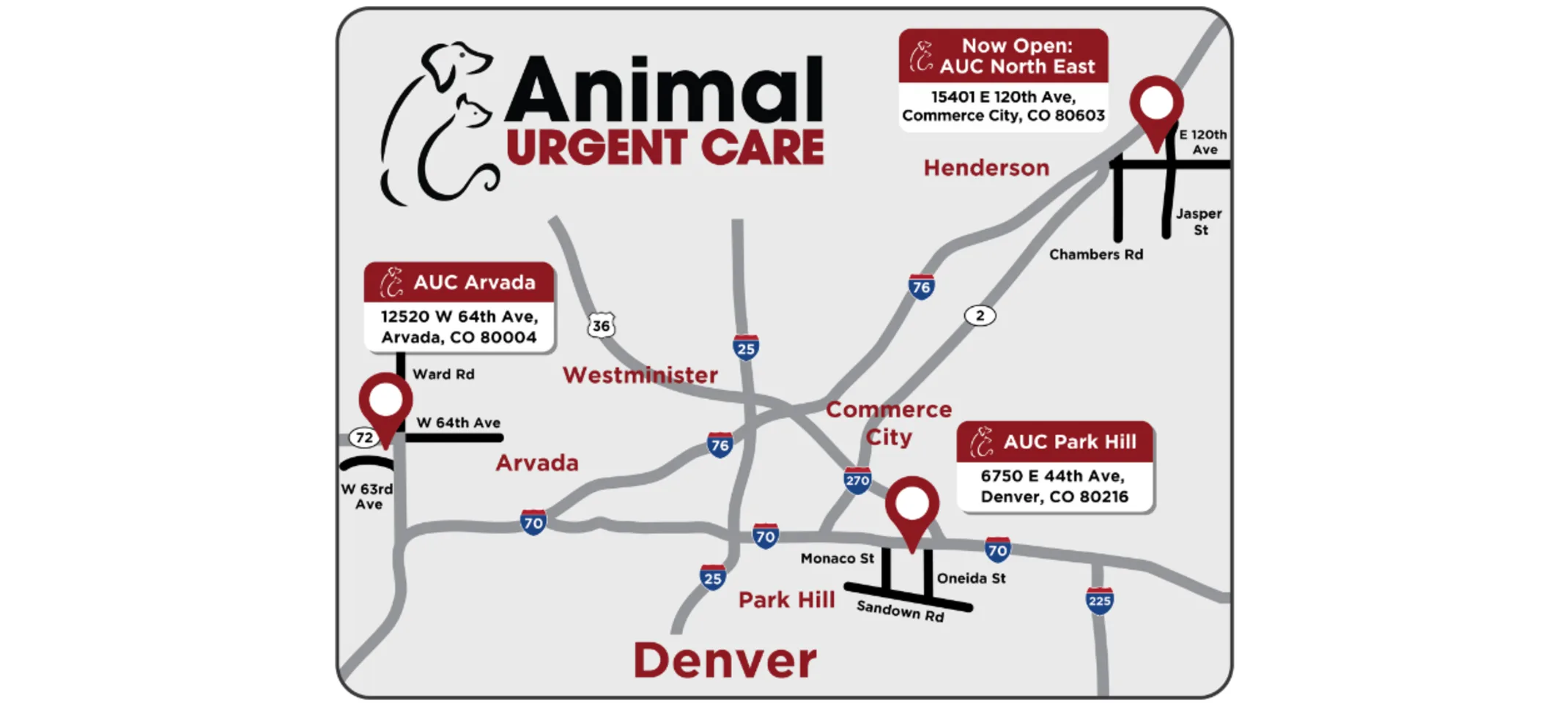 Map showing Animal Urgent Care (AUC) locations Map showing Animal Urgent Care (AUC) locations