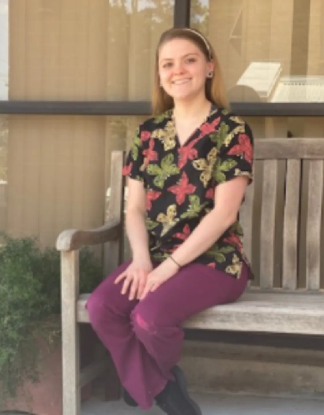 May sitting down on a bench May sitting down on a bench