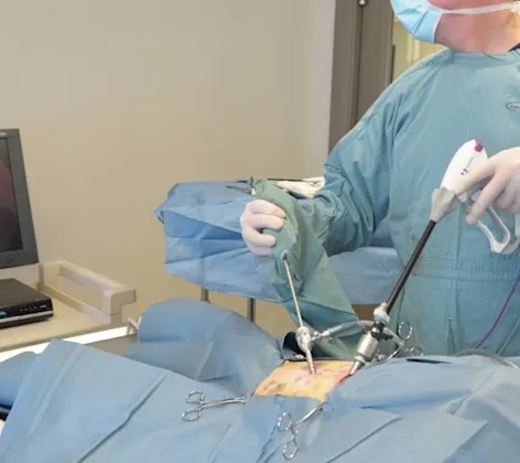 Vet performing a laparoscopic spay on a patient Vet performing a laparoscopic spay on a patient