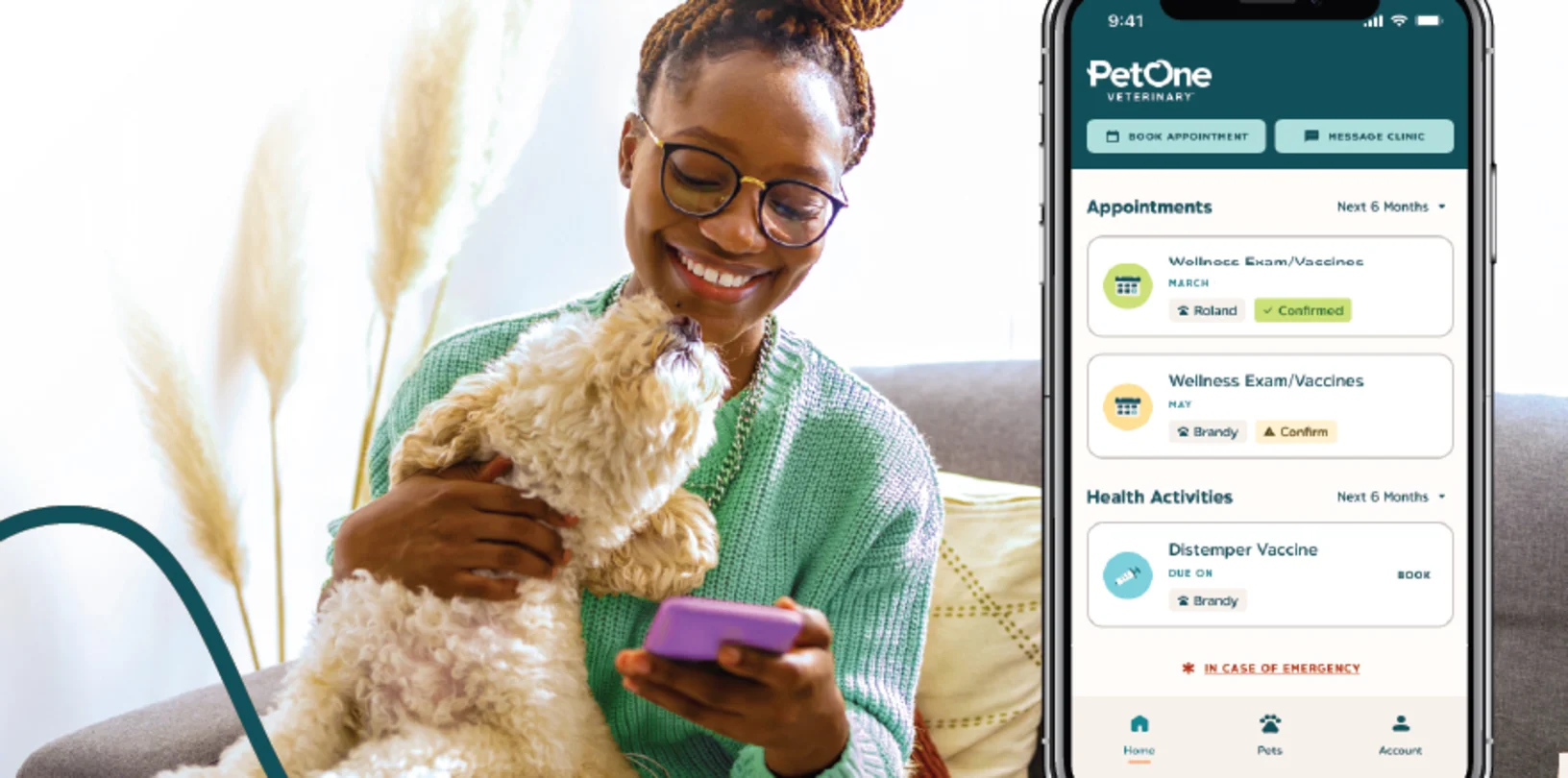 A woman with a dog in her lap reaching up toward her. A screenshot of the PetOne Veterinary app is visible on the side. A woman with a dog in her lap reaching up toward her. A screenshot of the PetOne Veterinary app is visible on the side.