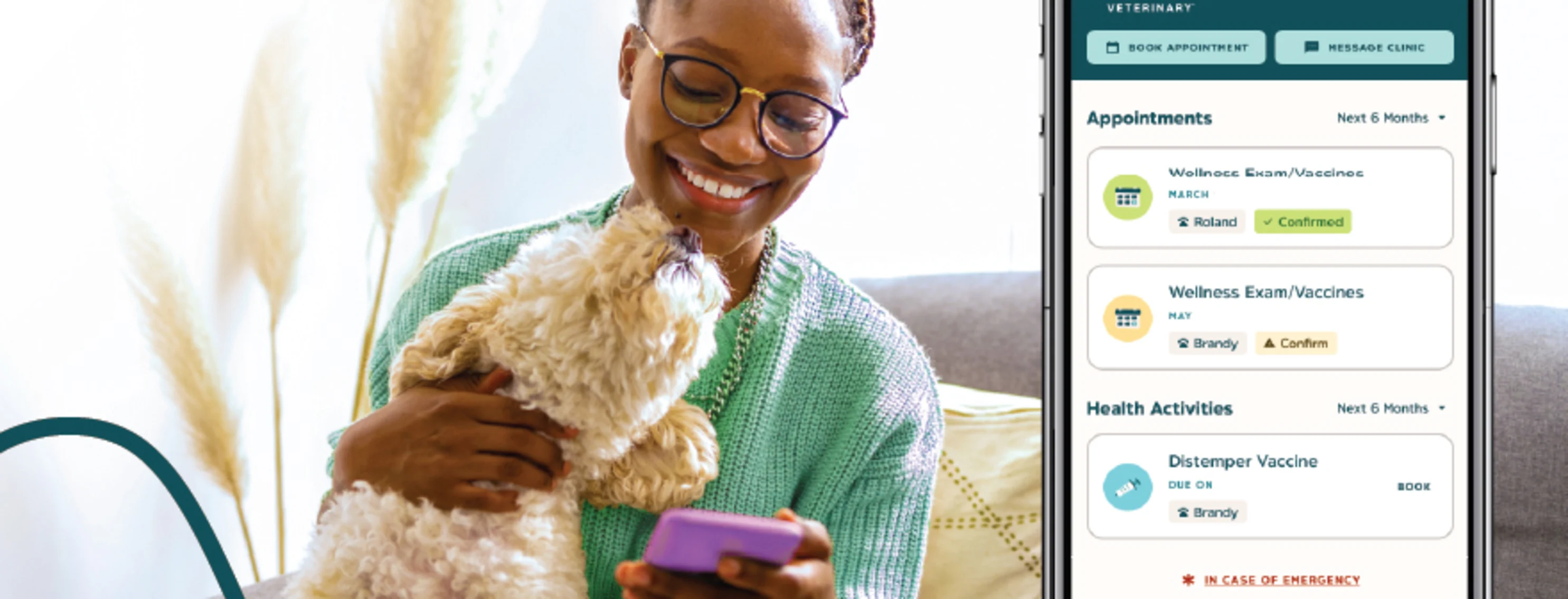 A woman with a dog in her lap reaching up toward her. A screenshot of the PetOne Veterinary app is visible on the side. A woman with a dog in her lap reaching up toward her. A screenshot of the PetOne Veterinary app is visible on the side.