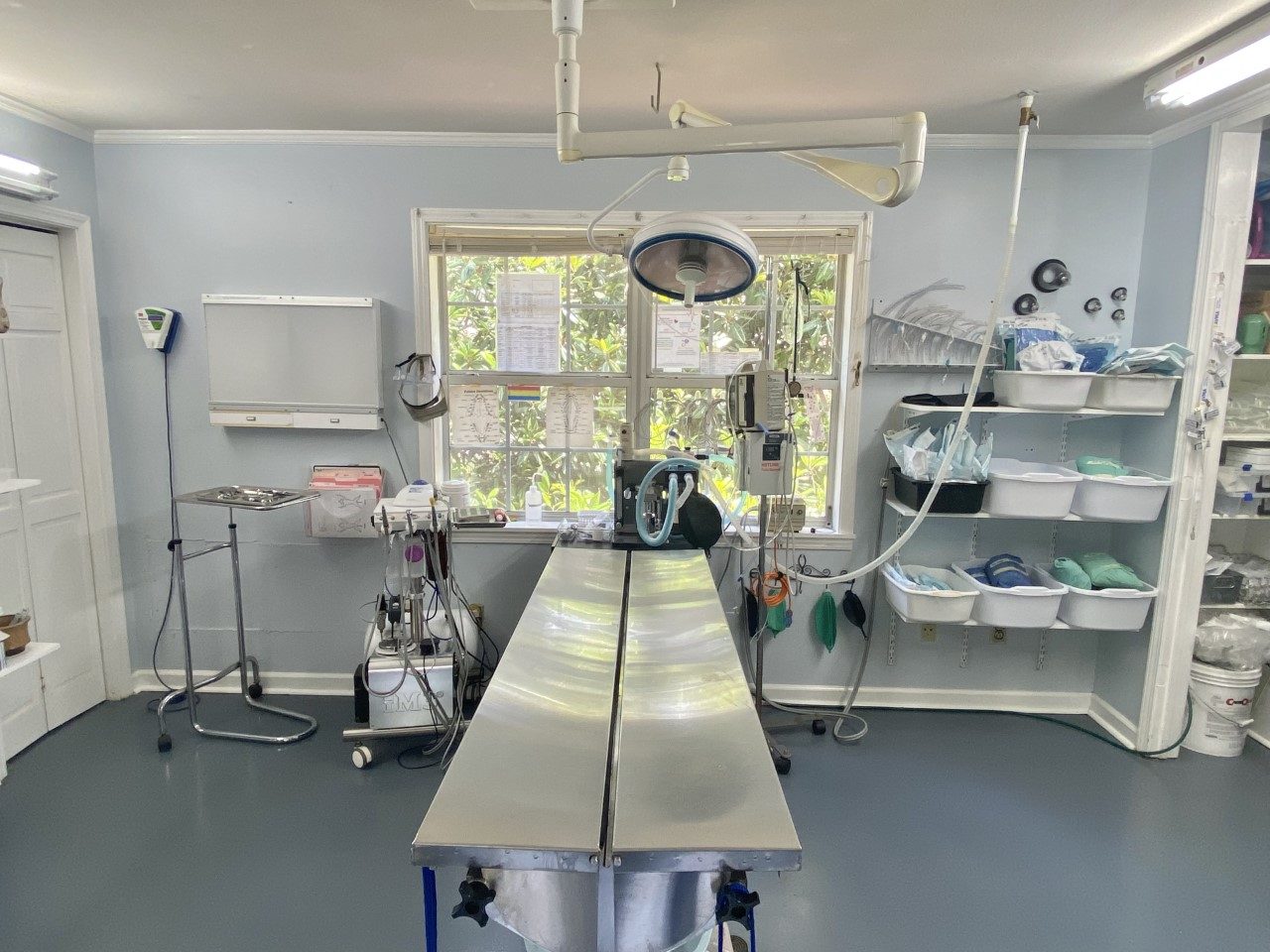 Metallic table and instruments.