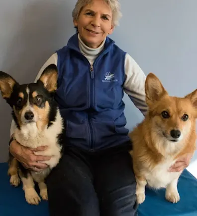 Dr. Harder smiling with two corgis. Dr. Harder smiling with two corgis.