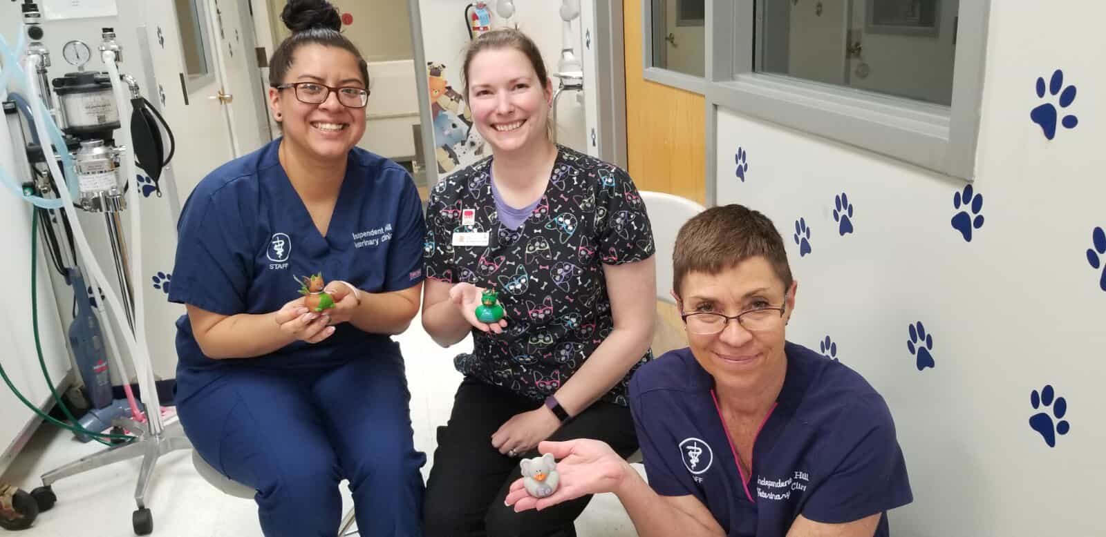Three staff members holding rubber ducks
