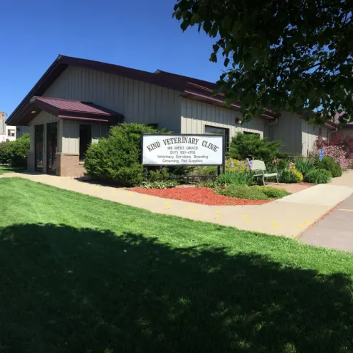 Exterior of Kind Veterinary Clinic with sign in St. Peter, MN.