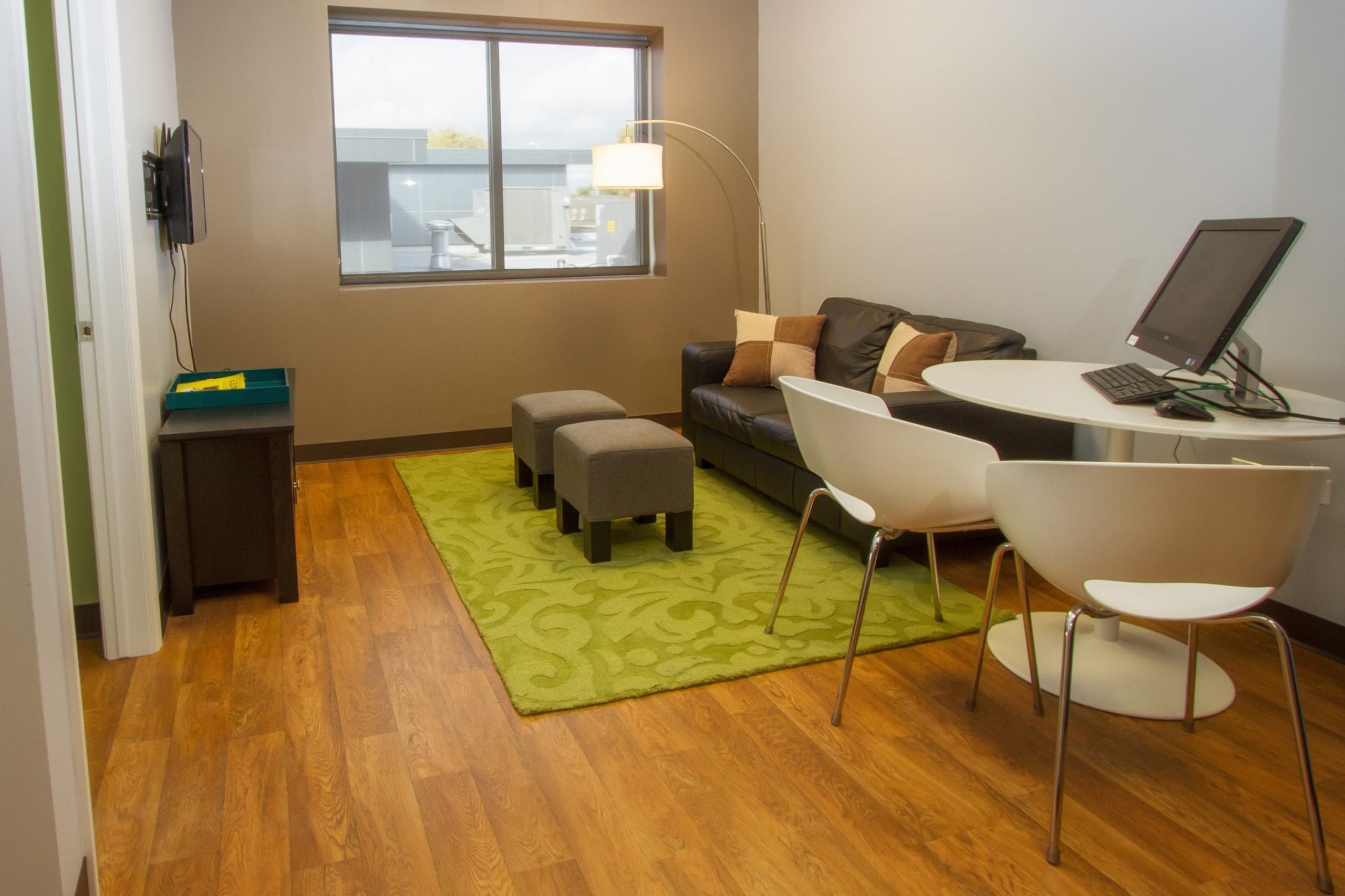 waiting room with couch and table