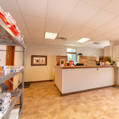 A photo of the welcoming lobby desk at Dunes Animal Hospital.