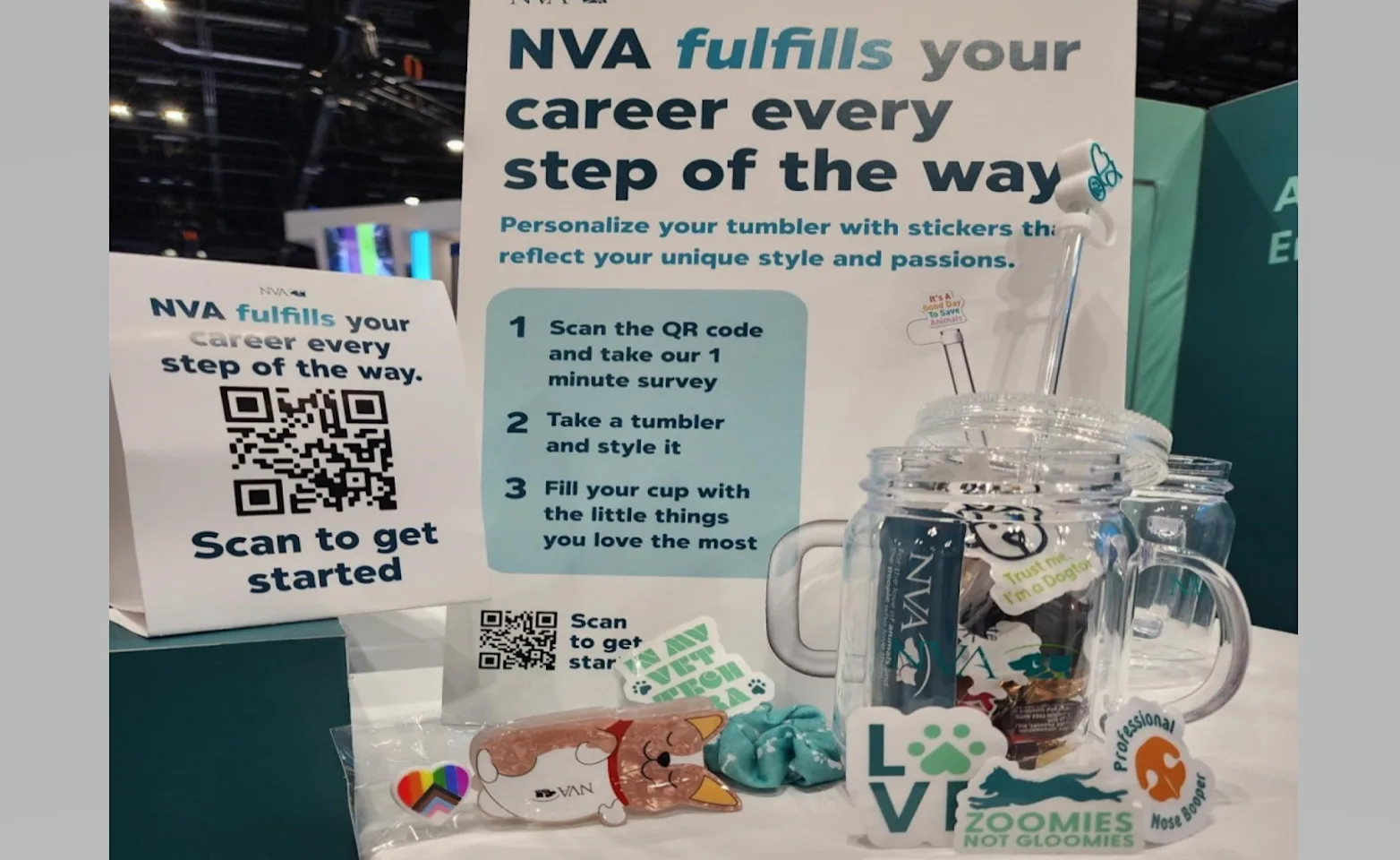 NVA booth with QR code displayed to learn more about careers NVA booth with QR code displayed to learn more about careers