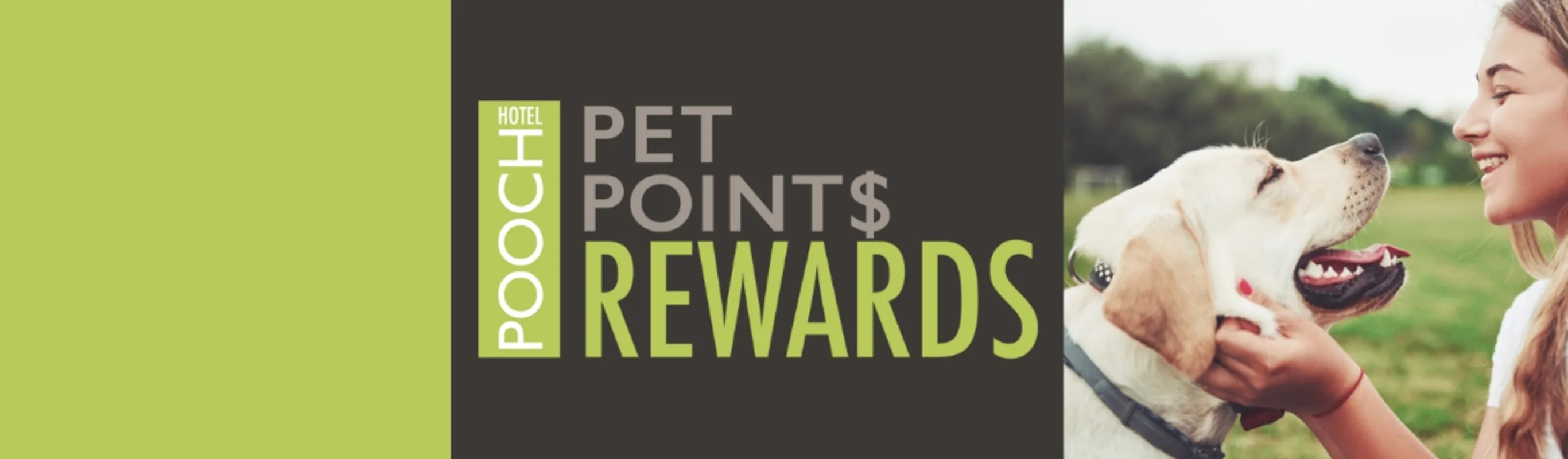 Pooch Hotel's Pet Points Rewards banner in green and charcoal with a woman smiling and holding a dog's face Pooch Hotel's Pet Points Rewards banner in green and charcoal with a woman smiling and holding a dog's face