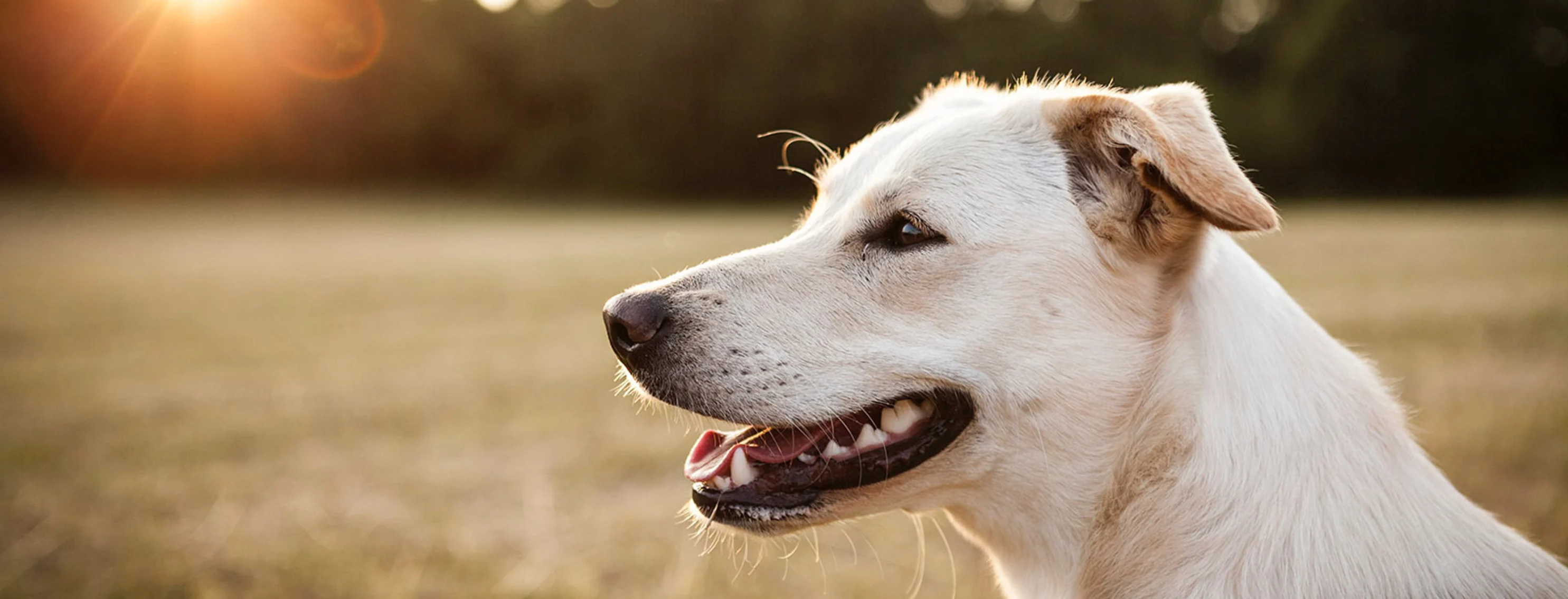 White dog siting in a green field, smiling, while the sun set's on him or her. White dog siting in a green field, smiling, while the sun set's on him or her.