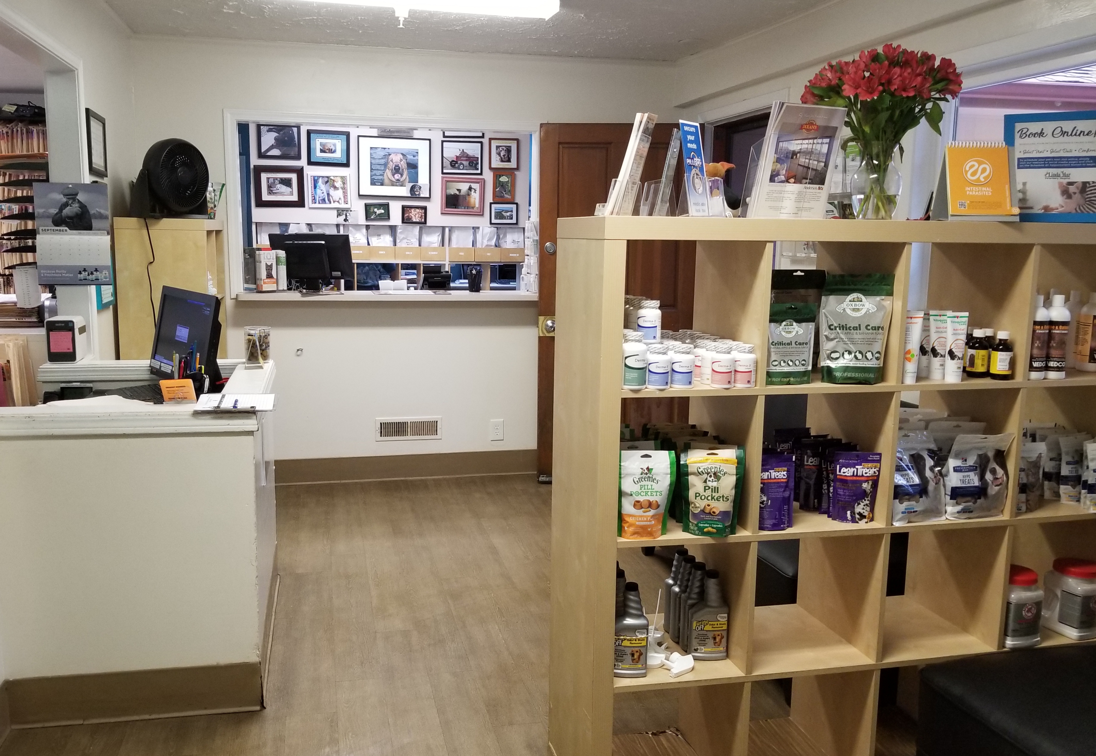 linda mar lobby and shelving with pet food and medicine