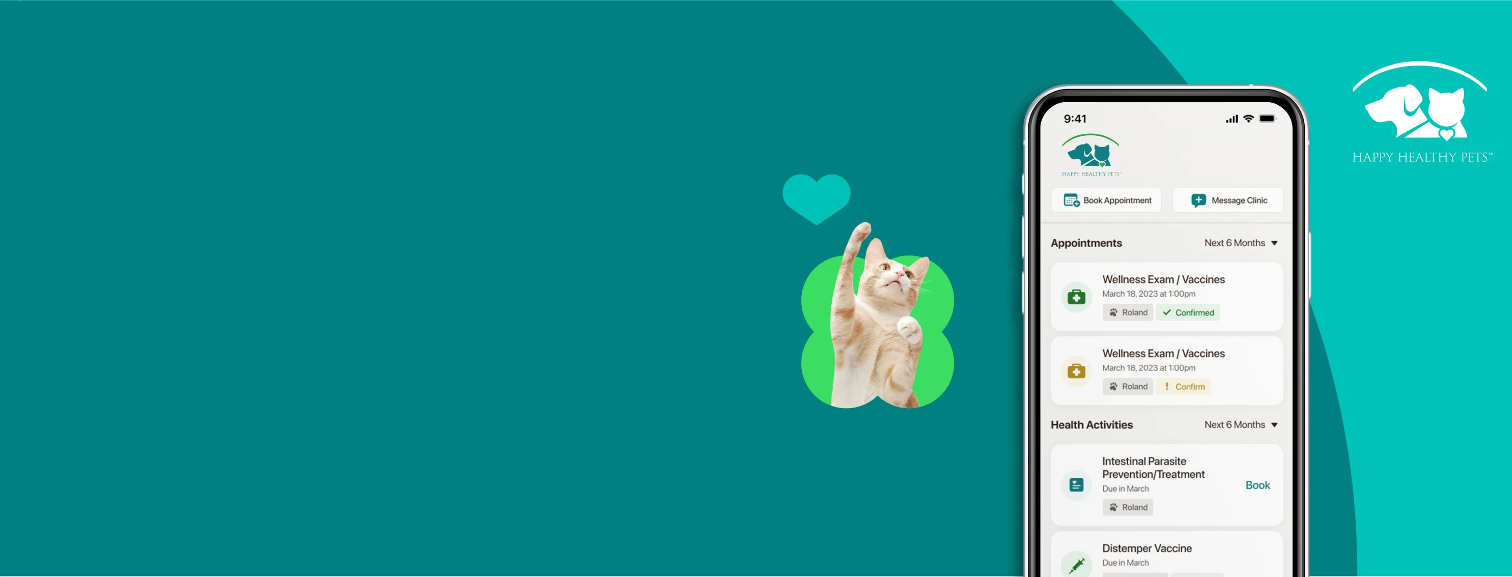 Cat reaching up next to the Happy Healthy Pets app screenshot